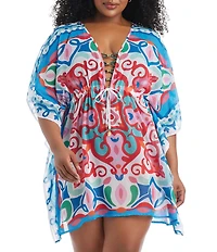 Bleu Rod Beattie Plus Size Ibiza Bohemia Flutter Sleeves Caftan Swim Cover-Up