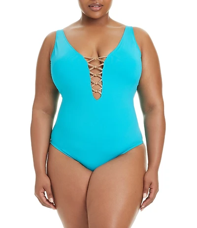 Bleu Rod Beattie Plus Size Let's Get Knotty Lace Down One Piece Swimsuit