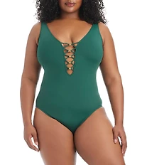 Bleu Rod Beattie Plus Size Let's Get Knotty Lace Down One Piece Swimsuit Mio