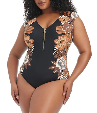 Bleu Rod Beattie Plus Size Moody Blooms Cap Sleeve Zip Front Mio One Piece Swimsuit