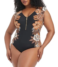 Bleu Rod Beattie Plus Size Moody Blooms Cap Sleeve Zip Front Mio One Piece Swimsuit