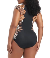 Bleu Rod Beattie Plus Size Moody Blooms Cap Sleeve Zip Front Mio One Piece Swimsuit