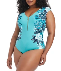 Bleu Rod Beattie Plus Size Moody Blooms Cap Sleeve Zip Front Mio One Piece Swimsuit