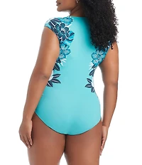 Bleu Rod Beattie Plus Size Moody Blooms Cap Sleeve Zip Front Mio One Piece Swimsuit