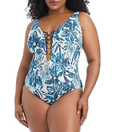 Bleu Rod Beattie Plus Size Turning Tides Lace Down Over The Shoulder Mio One Piece Swimsuit