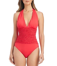 Bleu Rod Beattie Rufflicious Halter Shirred One Piece Swimsuit