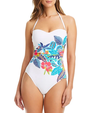 Bleu Rod Beattie The Living Is Easy Tropical Floral Print Shirred Bandeau One Piece Swimsuit