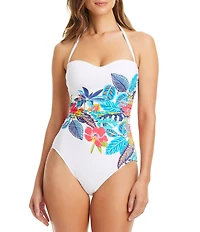 Bleu Rod Beattie The Living Is Easy Tropical Floral Print Shirred Bandeau One Piece Swimsuit
