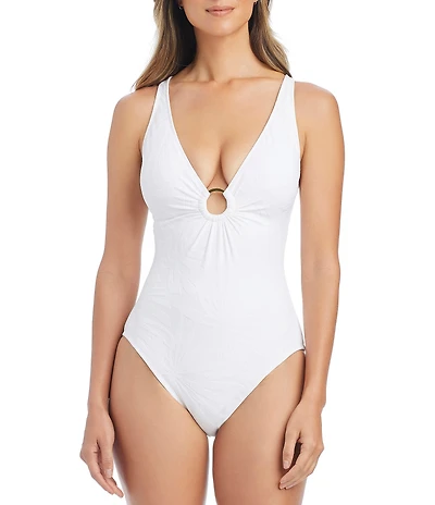 Bleu Rod Beattie Tropical Tango Floral Texture X-Back Plunge One Piece Swimsuit