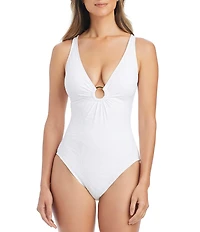 Bleu Rod Beattie Tropical Tango Floral Texture X-Back Plunge One Piece Swimsuit