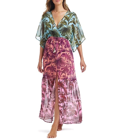Bleu Rod Beattie White Lotus Tropical Palm V-Neck Dolman Sleeves Maxi Dress Swim Cover-Up