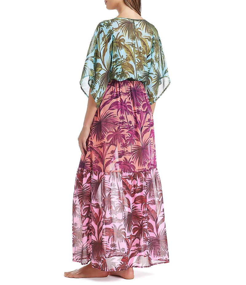 Bleu Rod Beattie White Lotus Tropical Palm V-Neck Dolman Sleeves Maxi Dress Swim Cover-Up