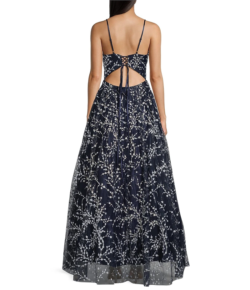 Blondie Nites Caviar Glitter Patterned V-Neck Sleeveless Tie Back A-Line Gown