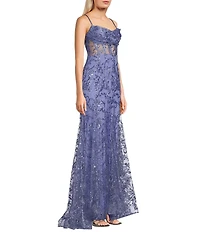 Blondie Nites Drape Corset Lace-Up Back Trumpet Glitter Dress