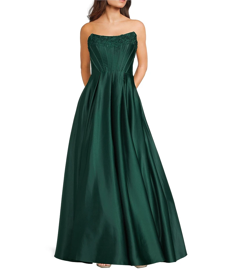 Blondie Nites Embroidered Satin Strapless Pleated Lace Up Back Ballgown