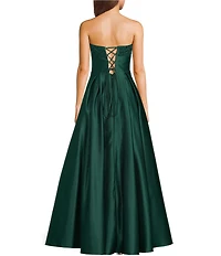 Blondie Nites Embroidered Satin Strapless Pleated Lace Up Back Ballgown