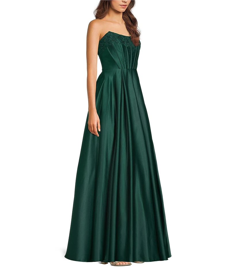 Blondie Nites Embroidered Satin Strapless Pleated Lace Up Back Ballgown