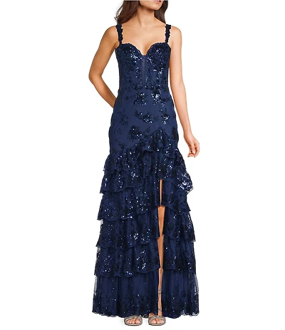 Blondie Nites Embroidered Sequin Lace Sweetheart Neck Corseted Ruffled Ballgown