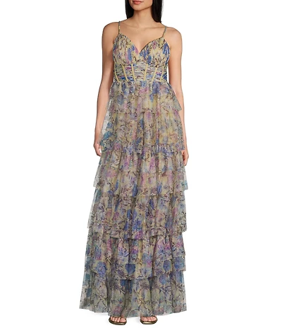 Blondie Nites Floral Mesh V-Neck Spaghetti Strap Corset Tiered A-Line Dress