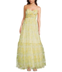 Blondie Nites Floral Print Mesh Sweetheart Neck Twist Front Spaghetti Strap Tie Back A-Line Gown