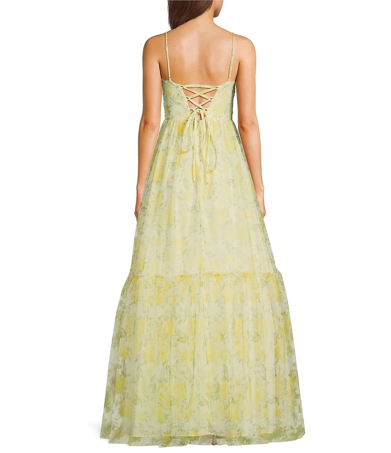 Blondie Nites Floral Print Mesh Sweetheart Neck Twist Front Spaghetti Strap Tie Back A-Line Gown