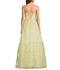 Blondie Nites Floral Print Mesh Sweetheart Neck Twist Front Spaghetti Strap Tie Back A-Line Gown