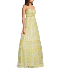 Blondie Nites Floral Print Mesh Sweetheart Neck Twist Front Spaghetti Strap Tie Back A-Line Gown