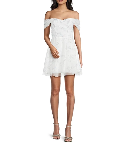 Blondie Nites Floral Print Off-The-Shoulder Party Dress