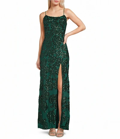 Blondie Nites Floral Printed Sequin Straight Neck Open Lace Up Back Side Slit Dress