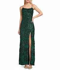 Blondie Nites Floral Printed Sequin Straight Neck Open Lace Up Back Side Slit Dress