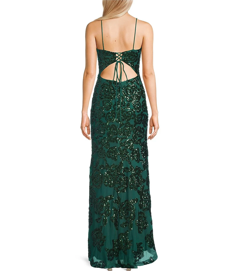Blondie Nites Floral Printed Sequin Straight Neck Open Lace Up Back Side Slit Dress