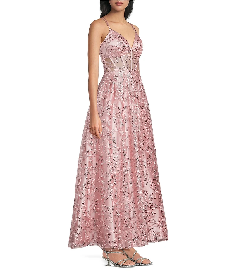 Blondie Nites Glitter Bow-Pattern Sweetheart Neck Lace Up Tie Back Dress