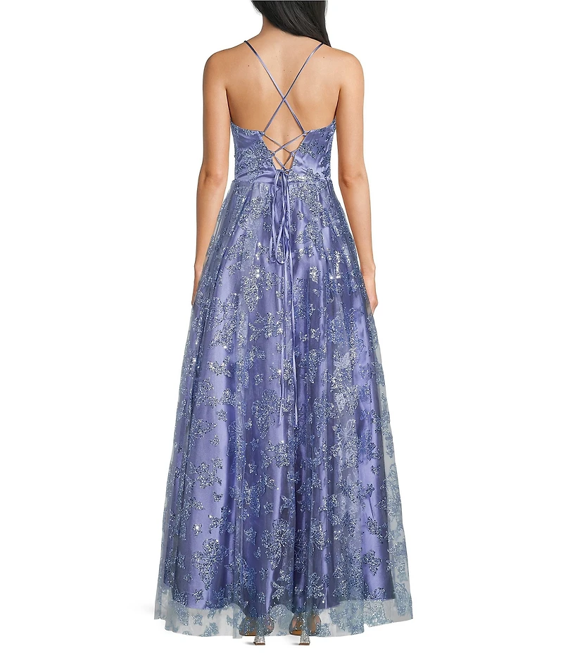 Blondie Nites Glitter Butterfly Patterned Sweetheart Drape Neck Lace Up Tie Back Ballgown