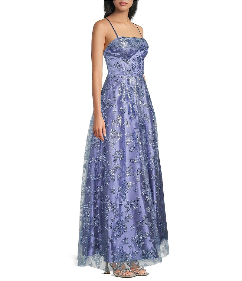Blondie Nites Glitter Butterfly Patterned Sweetheart Drape Neck Lace Up Tie Back Ballgown