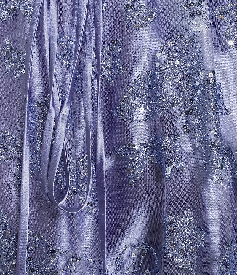 Blondie Nites Glitter Butterfly Patterned Sweetheart Drape Neck Lace Up Tie Back Ballgown