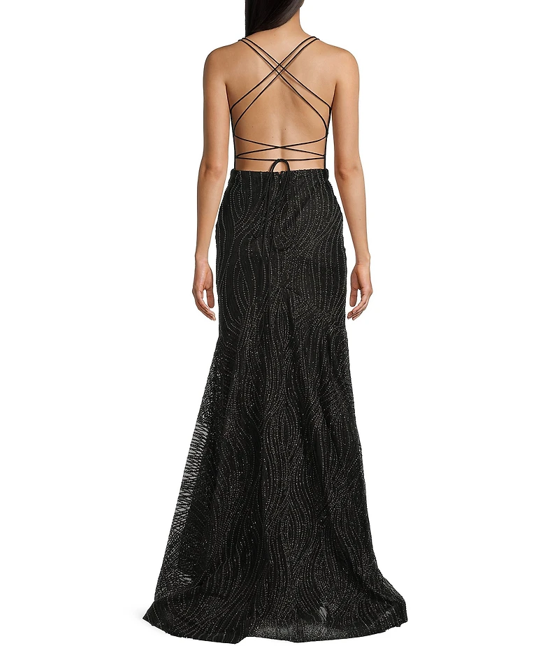 Blondie Nites Glitter Print V-Neck Double Spaghetti Strap Corset Tie Back Dress