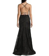 Blondie Nites Glitter Print V-Neck Double Spaghetti Strap Corset Tie Back Dress