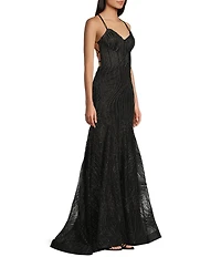 Blondie Nites Glitter Print V-Neck Double Spaghetti Strap Corset Tie Back Dress