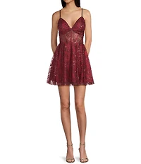 Blondie Nites Glitter Illusion Lace Corset Lace-Up Back Fit-And-Flare Dress
