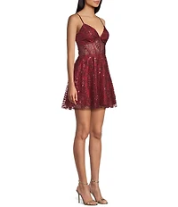 Blondie Nites Glitter Illusion Lace Corset Lace-Up Back Fit-And-Flare Dress