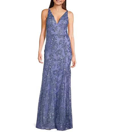 Blondie Nites Glitter Sequined Leaf Pattern V-Neck Sleeveless Tie Back Gown