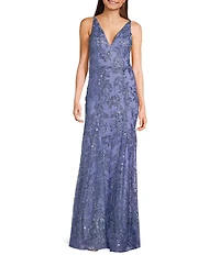 Blondie Nites Glitter Sequined Leaf Pattern V-Neck Sleeveless Tie Back Gown