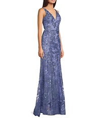 Blondie Nites Glitter Sequined Leaf Pattern V-Neck Sleeveless Tie Back Gown