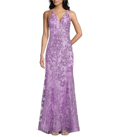 Blondie Nites Glitter Sequined Leaf Pattern V-Neck Sleeveless Tie Back Gown