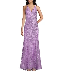 Blondie Nites Glitter Sequined Leaf Pattern V-Neck Sleeveless Tie Back Gown