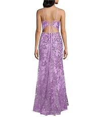 Blondie Nites Glitter Sequined Leaf Pattern V-Neck Sleeveless Tie Back Gown