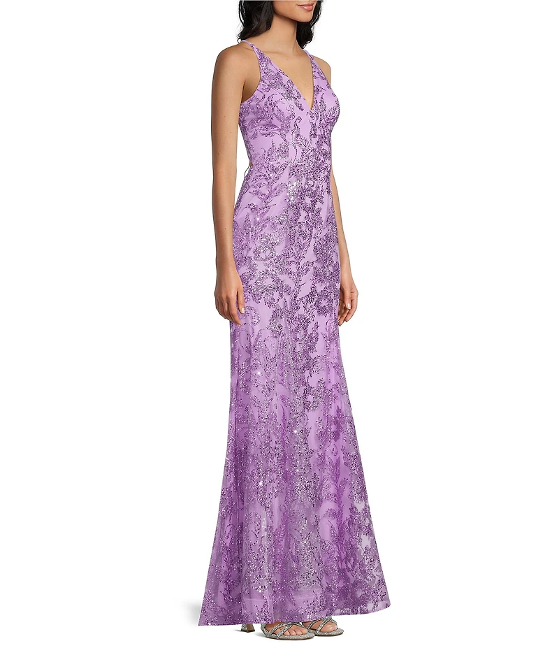 Blondie Nites Glitter Sequined Leaf Pattern V-Neck Sleeveless Tie Back Gown