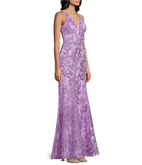 Blondie Nites Glitter Sequined Leaf Pattern V-Neck Sleeveless Tie Back Gown