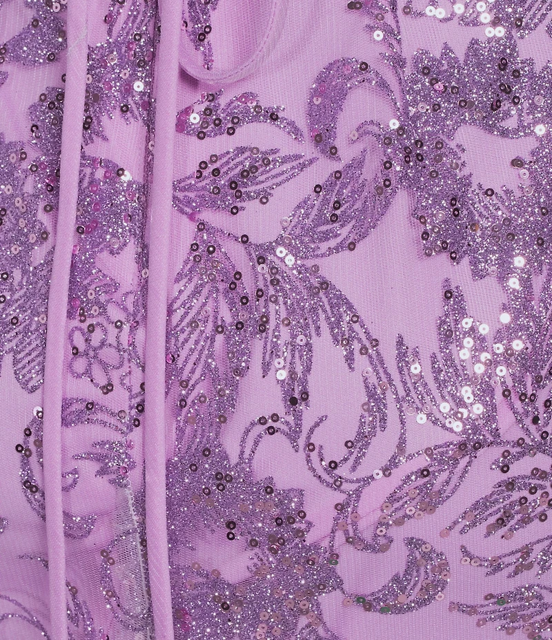 Blondie Nites Glitter Sequined Leaf Pattern V-Neck Sleeveless Tie Back Gown