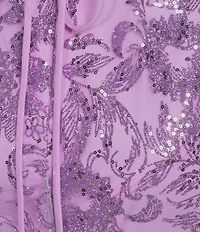 Blondie Nites Glitter Sequined Leaf Pattern V-Neck Sleeveless Tie Back Gown